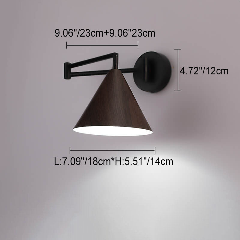 Noordse Minimalistische Kegel Swingarm Houtnerf IJzer 1-Licht Wandlamp