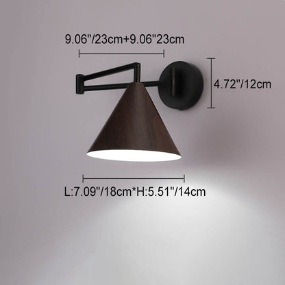 Noordse Minimalistische Kegel Swingarm Houtnerf IJzer 1-Licht Wandlamp
