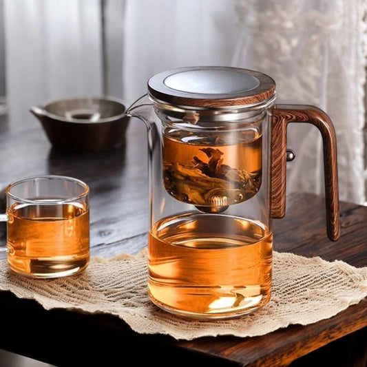 Theepot Glas Met Houten Handvat en Filter