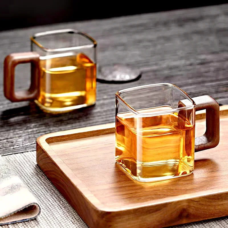 Cube Glazen Koffiemok Met Walnoothandvat Ontbijt