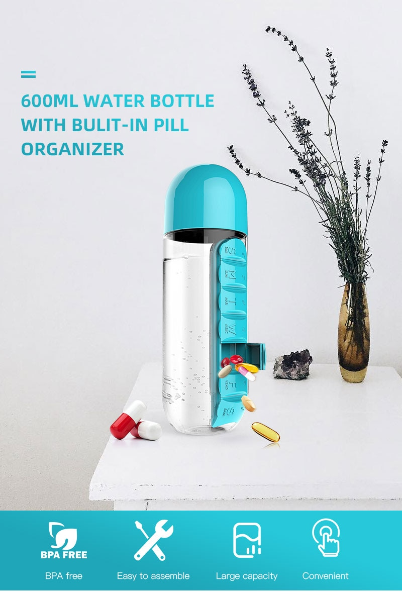 Waterfles met Pillendoos – 2-in-1 Medicijnhouder