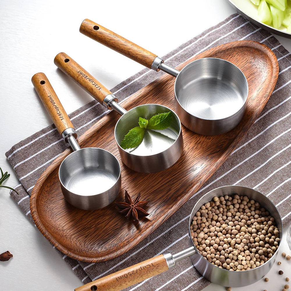 Maatbeker lepel set houten handvat roestvrij staal