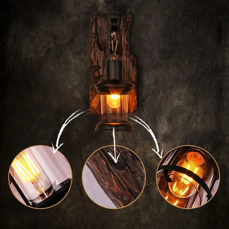 Antiek Industriële Houten Wandlamp Sfeervol