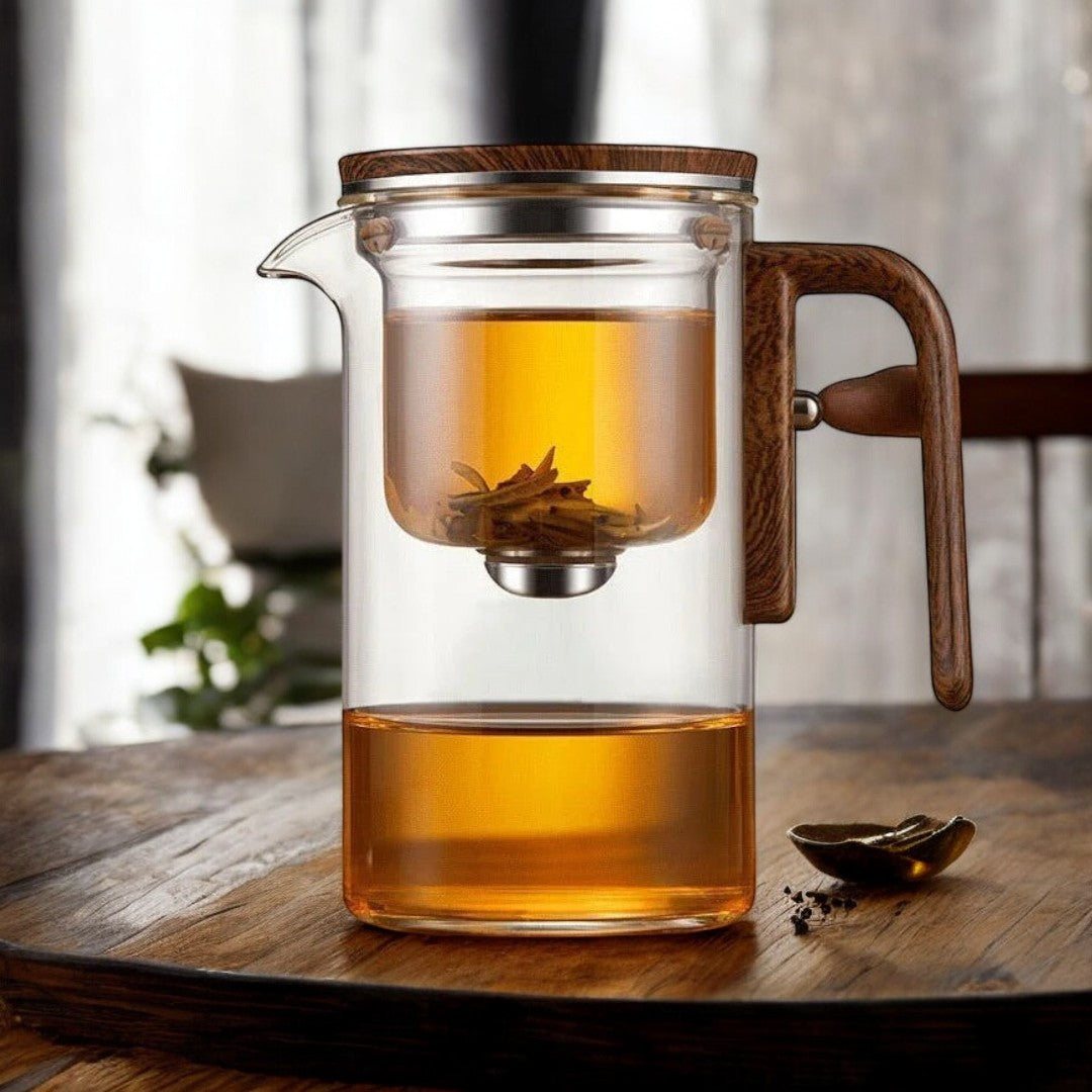 Theepot Glas Met Houten Handvat en Filter