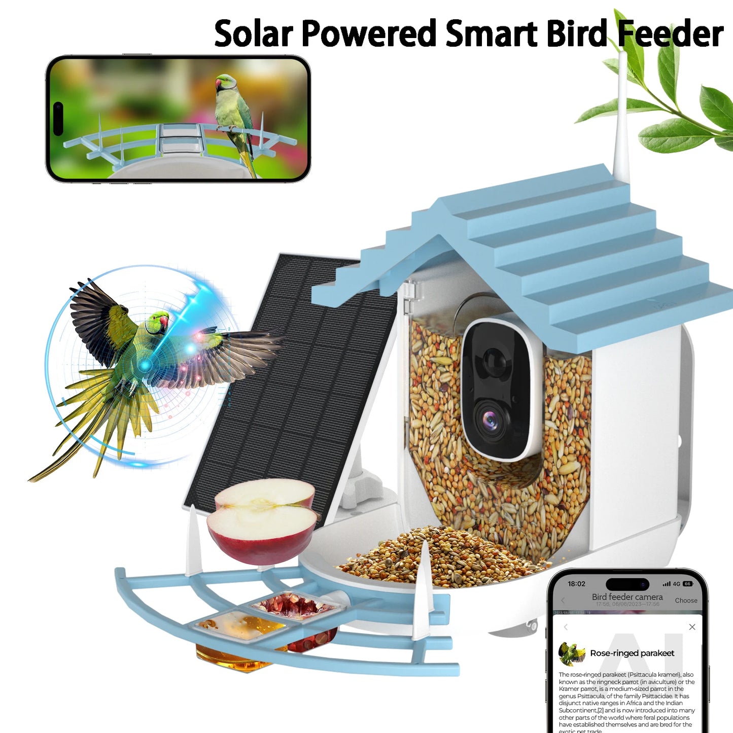 Slimme vogelvoederautomaat met camera op zonne-energie