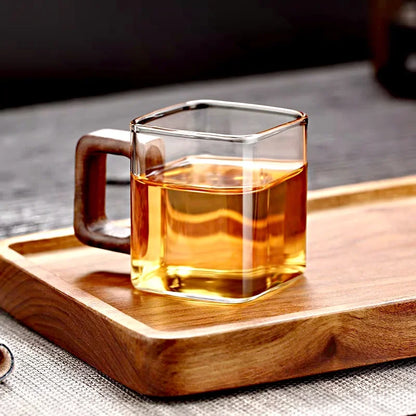 Cube Glazen Koffiemok Met Walnoothandvat Ontbijt